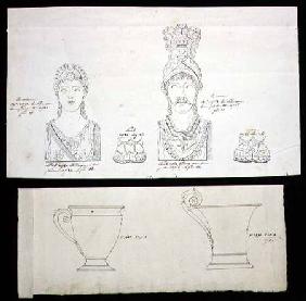 Designs for gilt bronze ormolu furniture mounts and French Empire porcelain cups