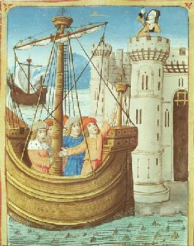 Ms 493 fol.99v The departure of Aeneas and Dido''s death, from ''The Aeneid'' by Virgil with a comme