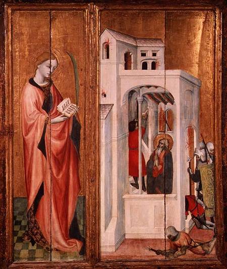 Thouzon Altarpiece, left-hand section showing a female martyr and a scene from the Life of St. Andre de French School