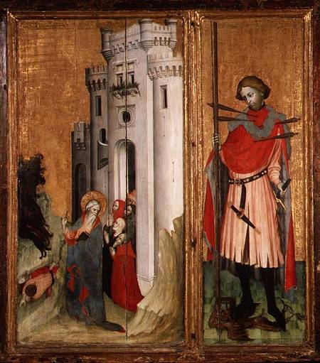 Thouzon Altarpiece, right-hand section showing (LtoR) St. Andrew expelling demons from Nice; St. Seb de French School
