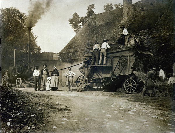 Threshing scene, late 19th century (b/w photo)  de French School