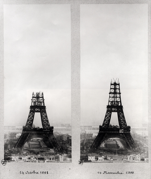 Two views of the construction of the Eiffel Tower, Paris, 14th October and 14th November 1888 (b/w p de French School