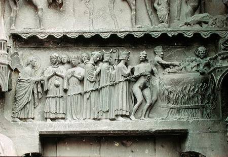 Tympanum from the left portal of the north transcept depicting the Last Judgement, detail of the dam de French School