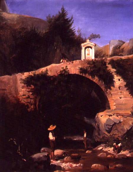 View of a Bridge and River Outside Rome de French School