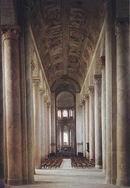 View of the nave towards the choir and the vault decorated with 12th century frescoes (photo) de French School