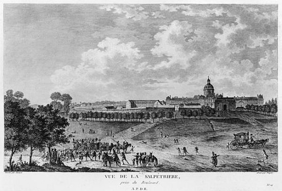 View of Hopital La Salpetriere, transport of prostitutes, Paris; engraved by Duparc, after a drawing de French School