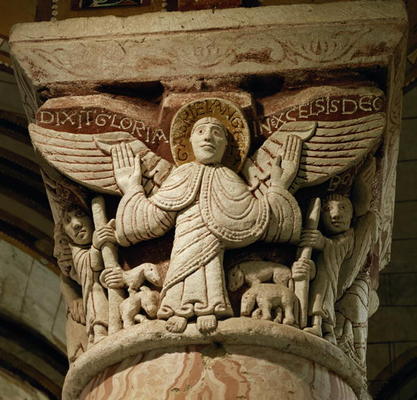 Column capital depicting the archangel Gabriel (stone) de French School, (11th century)