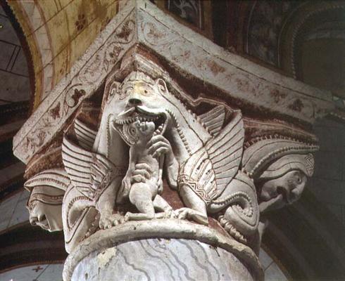 Monster devouring a human, column capital (stone) de French School, (11th century)