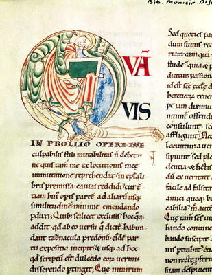 Ms.173 Fol.6 v. Initial 'Q' depicting a monk and an angel, from Moralia in Job by Pope Gregory the G de French School, (12th century)