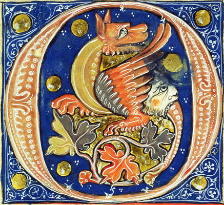 Historiated initial 'O' depicting a winged griffin (vellum) de French School, (14th century)