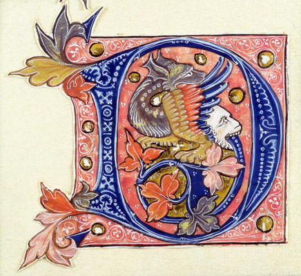 Historiated Initial 'D' depicting a fish with a human head (vellum) de French School, (14th century)