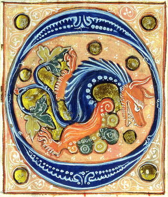 Historiated initial 'O' depicting a griffin (vellum) de French School, (14th century)