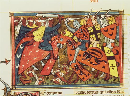 Fr 22495 f.43 Battle between Crusaders and Moslems, from Le Roman de Godefroi de Bouillon (vellum) de French School, (14th century)