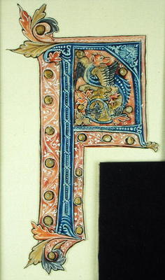 Historiated initial 'P' depicting a winged griffin (vellum) de French School, (14th century)