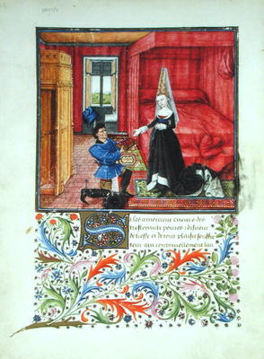 Ms 2617 The scribe dedicating La Teseida to an unknown young woman, from La Teseida, by Giovanni Boc de French School, (14th century)