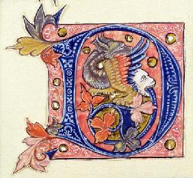 Historiated Initial 'D' depicting a fish with a human head (vellum)