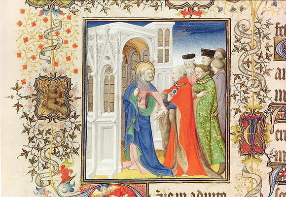 Ms Lat 919 fol.96 St. Peter Leading Jean de France (1340-1416) Duke of Berry into Paradise, from the de French School, (15th century)