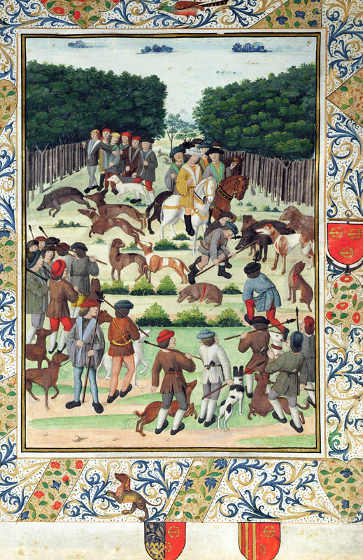 Louis Malet (1441-1516) Seigneur de Graville, hunting wild boar, from the 'Terrier de Marcoussis', 1 de French School, (15th century)