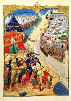 Lat 6067 f.55v The Turkish forces preparing for battle outside the walls of Rhodes in 1480, from 'A de French School, (15th century)