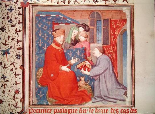 Ms Fr 131 f.1 Jean (1340-1416) Duke of Berry Receiving a Manuscript from Boccaccio, from 'Cas des No de French School, (15th century)