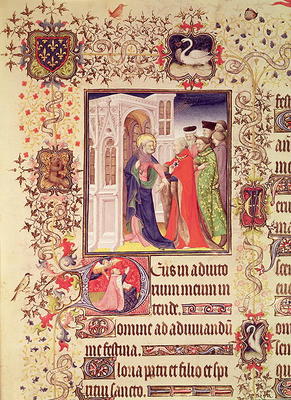 Ms Lat 919 fol.96 Jean de France, Duc de Berry being led by St. Peter into the Gates of Heaven with de French School, (15th century)