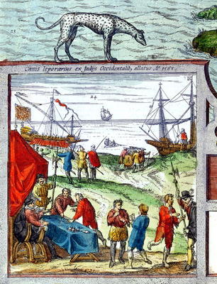 Detail of a view of the port of Cadiz showing trade with the West Indies, 1565 (colour litho) de French School, (16th century)