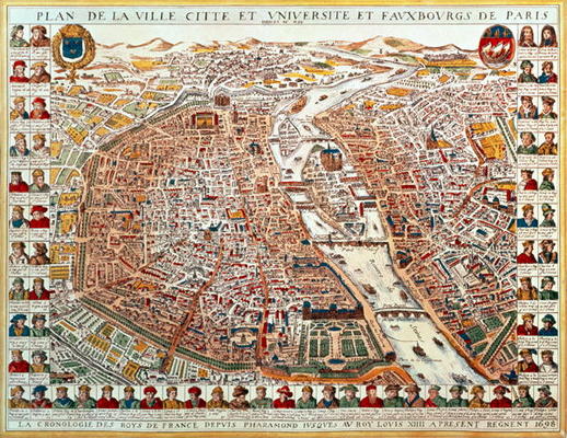 Plan of Paris, bordered by a chronological series of portraits of the kings of France from Pharamond de French School, (17th century)