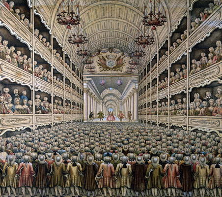 A French Theatre (colour engraving) de French School, (18th century)