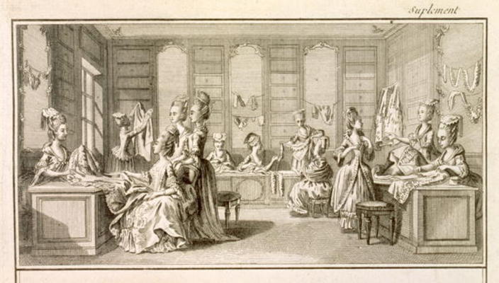 Fashion shop, from the 'Encyclopedia' by Denis Diderot (1713-84), published c.1770 (engraving) de French School, (18th century)