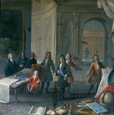 Louis XIV attending a lesson of his great grandson, the future Louis XV, c.1715 (oil on canvas) de French School, (18th century)