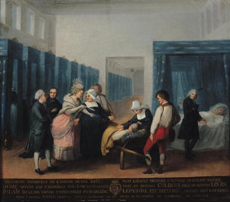 The Visit of Monsieur and Madame Necker to the Hopital de la Charite, 1780 (oil on canvas) de French School, (18th century)