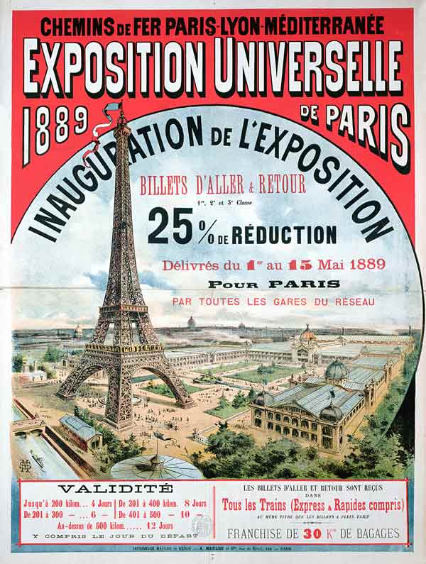 Poster advertising reduced price train tickets to the Exposition Universelle of 1889, from the Chemi de French School, (19th century)