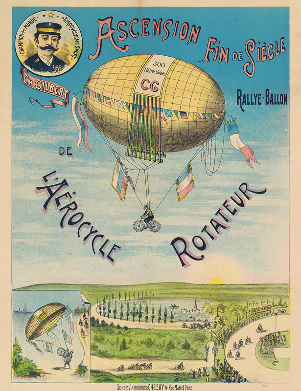 'L'Aerocycle Rotateur', advertising poster for the hot-air balloon bicycle de French School, (19th century)