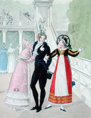 A dandy being courted by two masked women, from the series Le Bon Genre (hand-coloured engraving) de French School, (19th century)