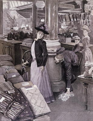 A Thief in a Department Store in Paris, illustration from 'Paradis des Dames', c.1895 (litho) de French School, (19th century)
