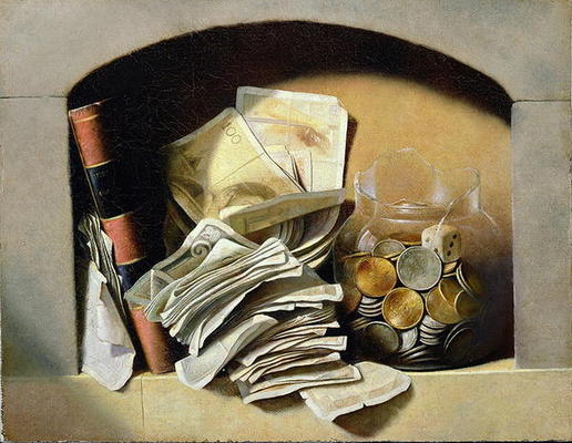 A trompe l'oeil of paper money, coins and a broken glass jar in a niche (oil on canvas) de French School, (19th century)