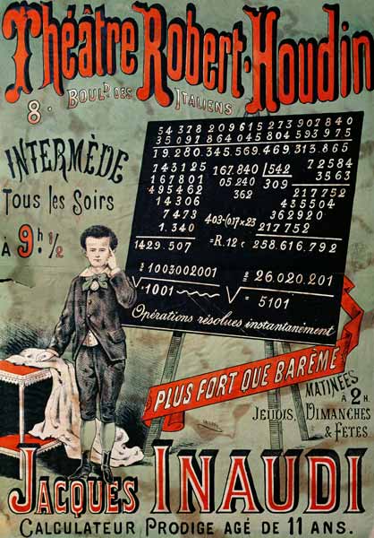 Poster advertising an appearance of Jacques Inaudi (1867-1939) at the Theatre Robert Houdin, Paris, de French School, (19th century)