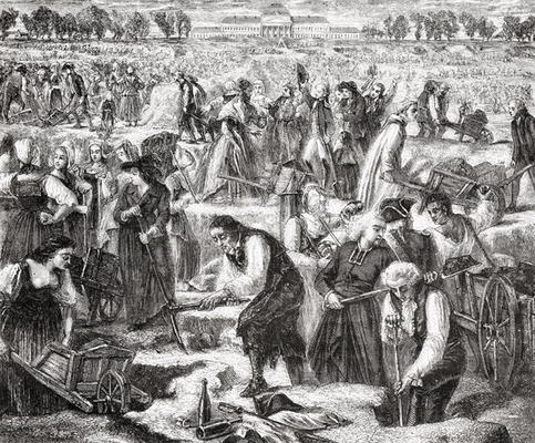 Labourers working in the Champ de Mars (litho) de French School, (19th century)