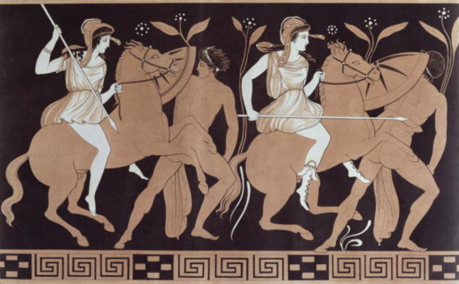 Men in combat with Amazons mounted on horseback, after an antique Greek vase (colour litho) de French School, (19th century)
