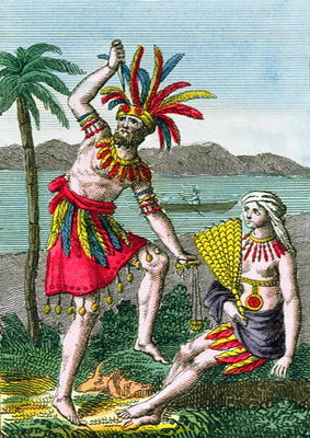 Native inhabitants of the Marquesas Islands, illustration from 'Histoire des Voyages Autour du Monde de French School, (19th century)