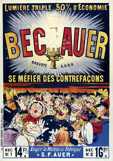 Poster advertising 'Becauer' petroleum lamps, printed by Charles Verneau de French School, (19th century)