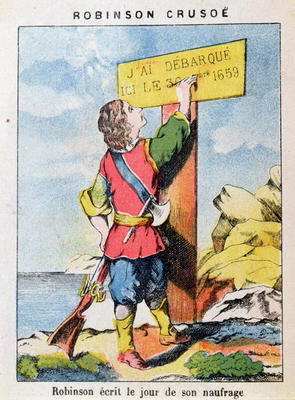 Robinson Crusoe Writes the Date of the Shipwreck (colour litho) de French School, (19th century)