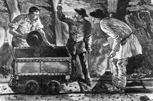Scene in a coal mine, illustration from 'Germinal' by Emile Zola (1840-1902), 1886 (engraving) (b/w de French School, (19th century)