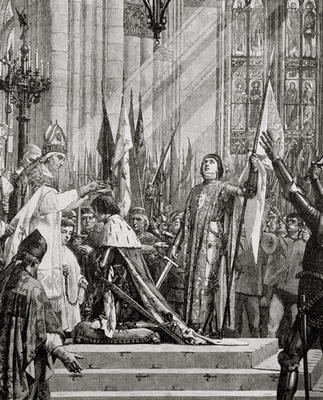 St. Joan of Arc (1412-31) at the Coronation of Charles VII (reg.1422-61) in 1429 (engraving) de French School, (19th century)