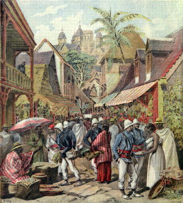 The Madagascar Expedition, French soldiers in a street in Tananarive, from 'Le Petit Journal', 27th de French School, (19th century)