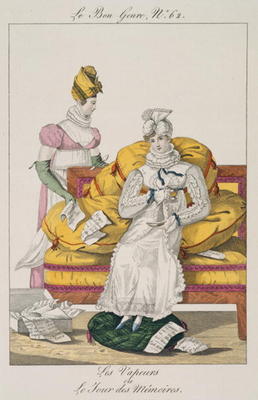The Vapours or The Accounts Day, plate 62 from 'Le Bon Genre', 1813 (coloured engraving) de French School, (19th century)