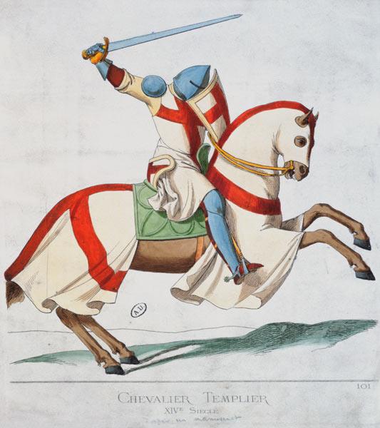 Illustration of a Knight Templar, after a 14th century manuscript (coloured engraving)