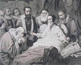 John Calvin (1509-1564) on his Death Bed (engraving)