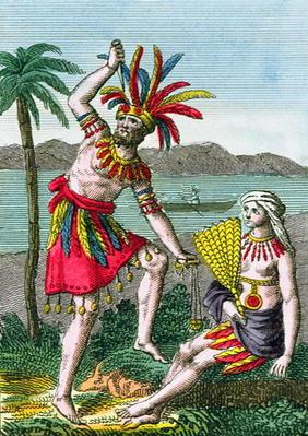 Native inhabitants of the Marquesas Islands, illustration from 'Histoire des Voyages Autour du Monde