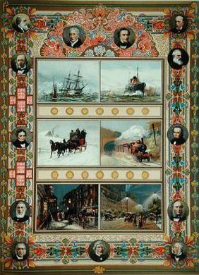 Progress during the reign of Queen Victoria (1819-1901). Sailing ships, steam ships, steam train and